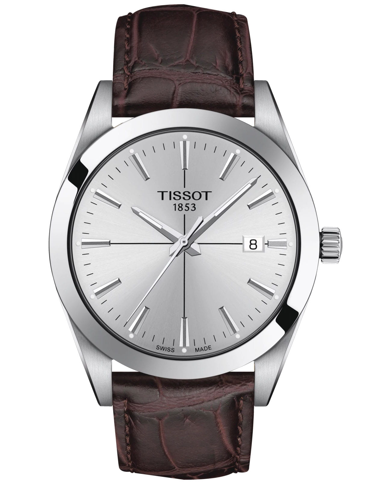 Tissot Tissot Gentleman T127.410.16.031.01 Gentleman T1274101603101 кварцевые мужские часы серебристый циферблат, браслет кожаный — вид спереди